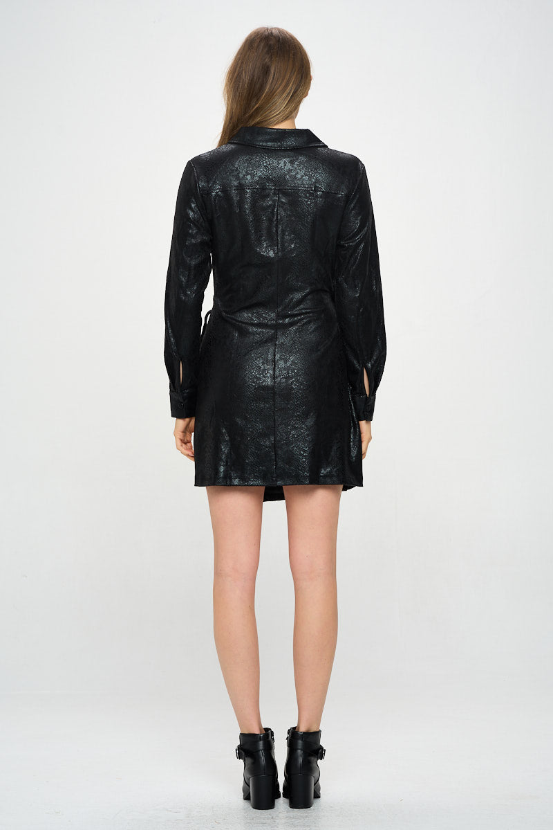 LONG SLEEVE SNAKE PRINT FAUX LEATHER DRESS 130 Cole | Colletta Showroom Co-op LONG SLEEVE SNAKE PRINT FAUX LEATHER DRESS 130 Cole | Colletta Showroom Co-op