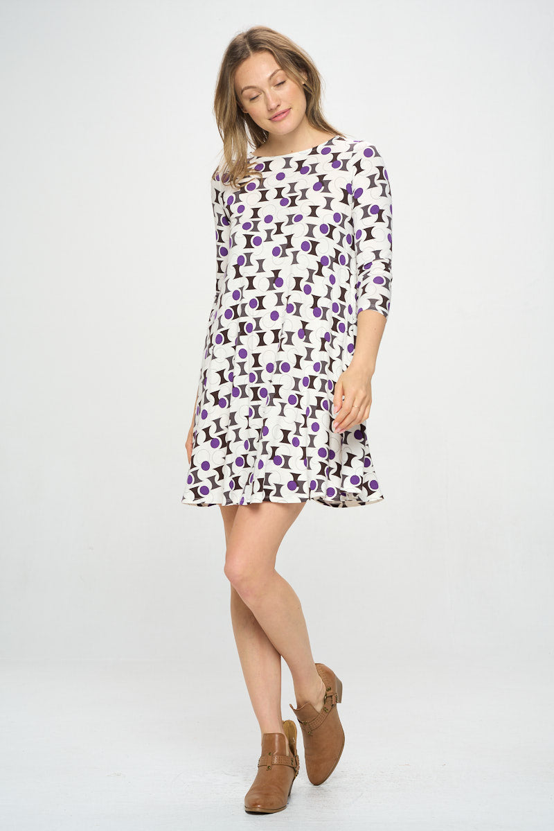 RETRO PRINT 3/4 SLEEVE KNIT DRESS WITH POCKETS