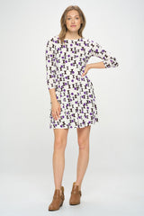 RETRO PRINT 3/4 SLEEVE KNIT DRESS WITH POCKETS
