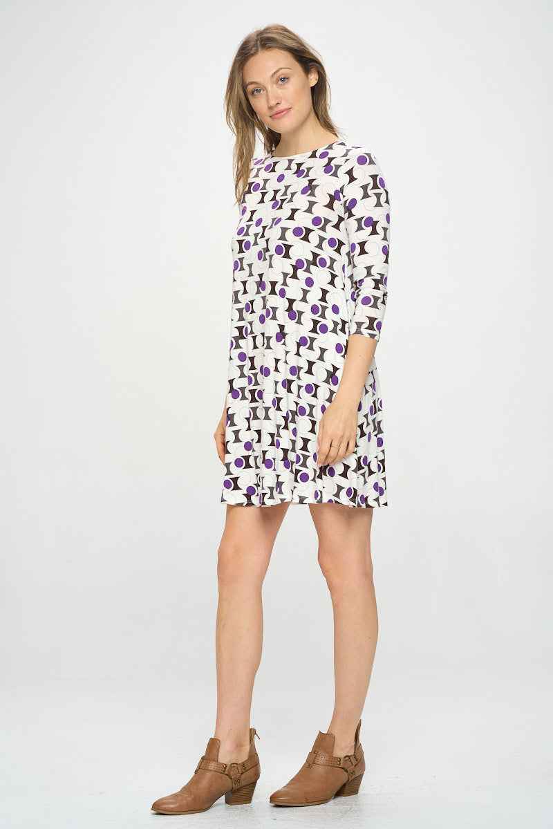 RETRO PRINT 3/4 SLEEVE KNIT DRESS WITH POCKETS