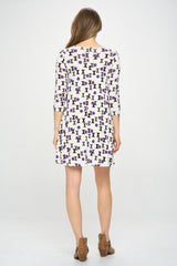 RETRO PRINT 3/4 SLEEVE KNIT DRESS WITH POCKETS