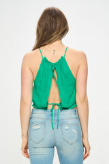 EMBROIDERED JACQUARD OPEN BACK HALTER TOP