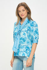 PRINTED 3/4 SLEEVE BLOUSE WITH TIE