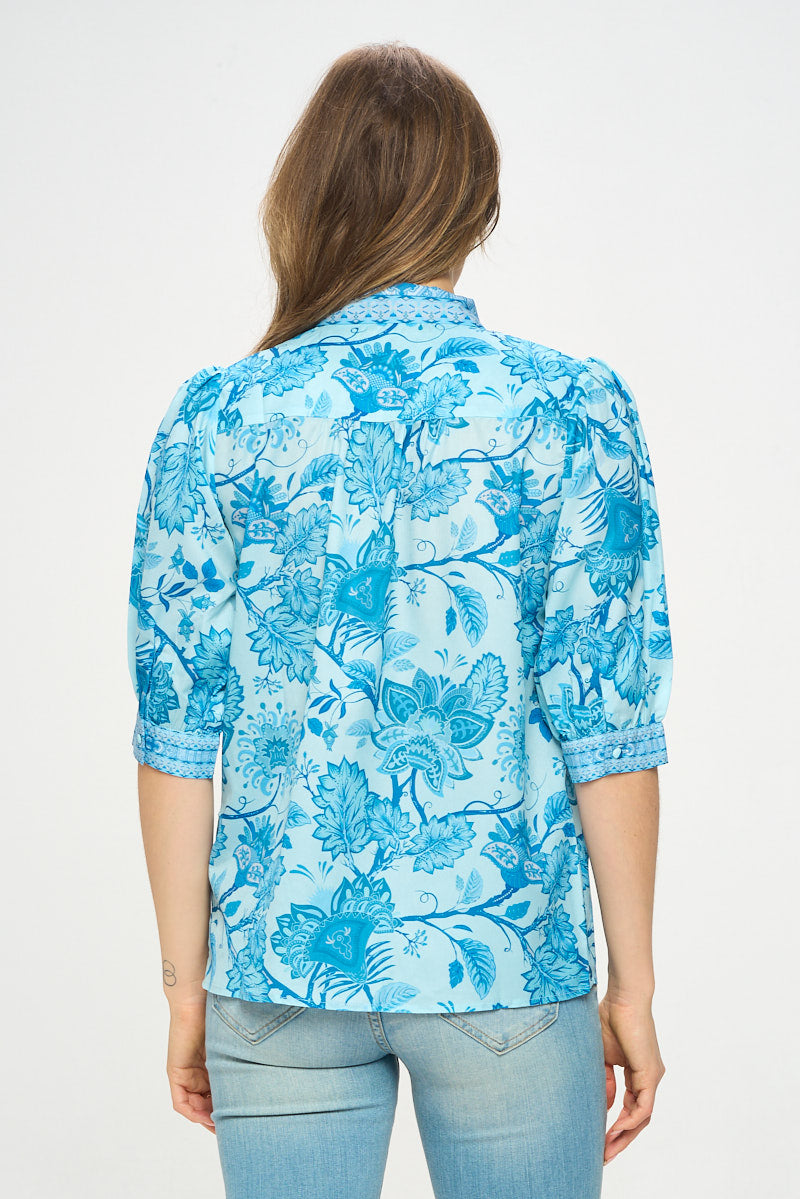 PRINTED 3/4 SLEEVE BLOUSE WITH TIE