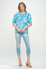 PRINTED 3/4 SLEEVE BLOUSE WITH TIE