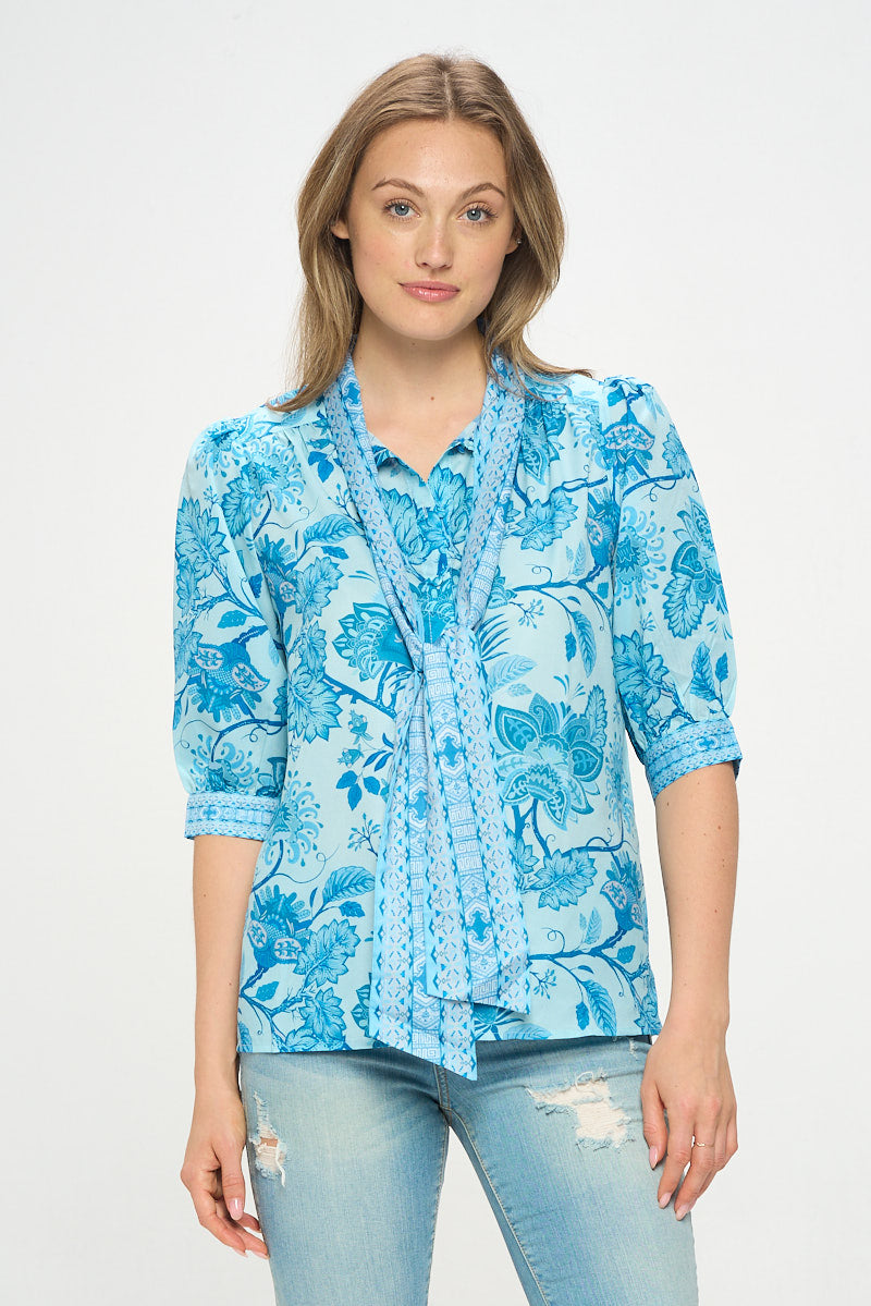PRINTED 3/4 SLEEVE BLOUSE WITH TIE