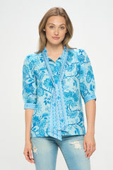 PRINTED 3/4 SLEEVE BLOUSE WITH TIE