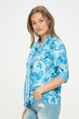 PRINTED 3/4 SLEEVE BLOUSE WITH TIE