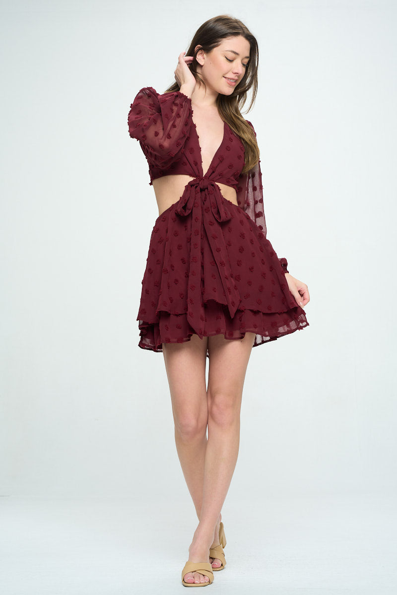 LONG SLEEVE CUT OUT SWISS DOT MINI DRESS LONG SLEEVE CUT OUT SWISS DOT MINI DRESS