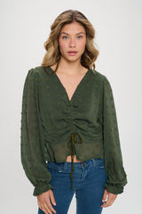V-NECK CINCHED TEXTURED DOT BLOUSE