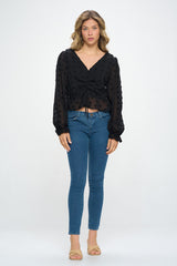 V-NECK CINCHED TEXTURED DOT BLOUSE