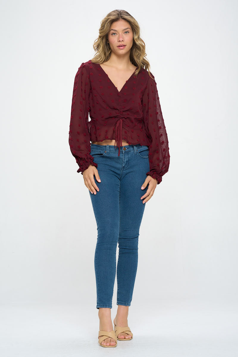 V-NECK CINCHED TEXTURED DOT BLOUSE