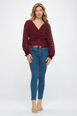 V-NECK CINCHED TEXTURED DOT BLOUSE