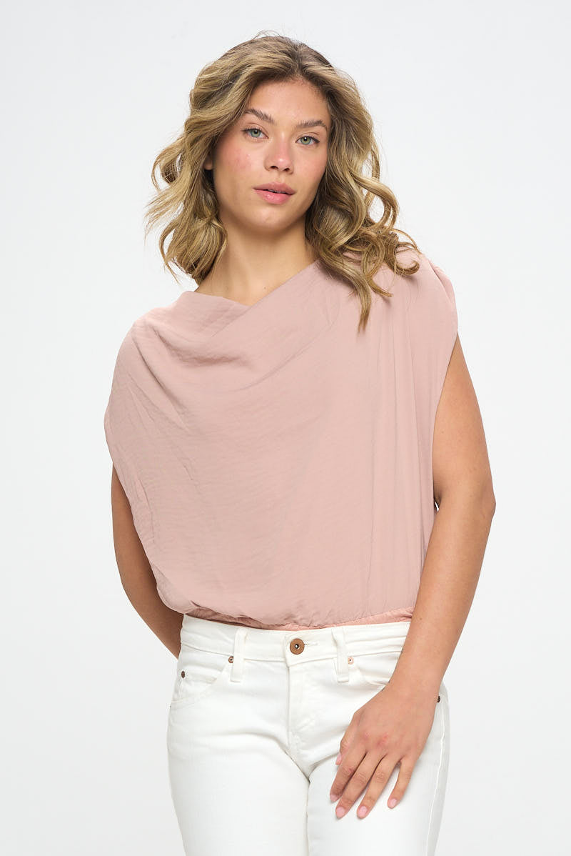 SATIN SLEEVELESS COWL NECK BODYSUIT