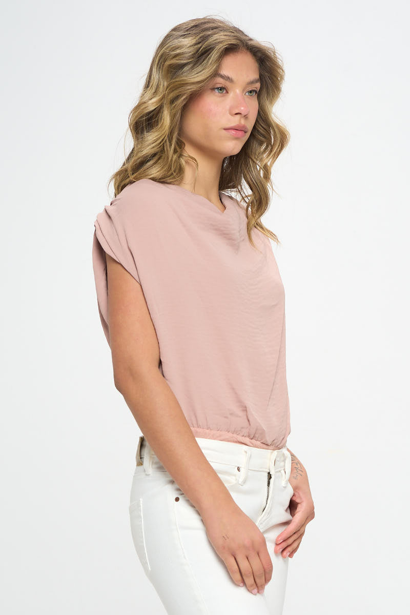 SATIN SLEEVELESS COWL NECK BODYSUIT