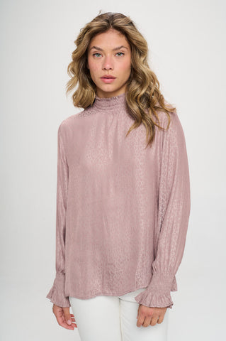 LONG SLEEVE JACQUARD PRINT SMOCKED NECK BLOUSE