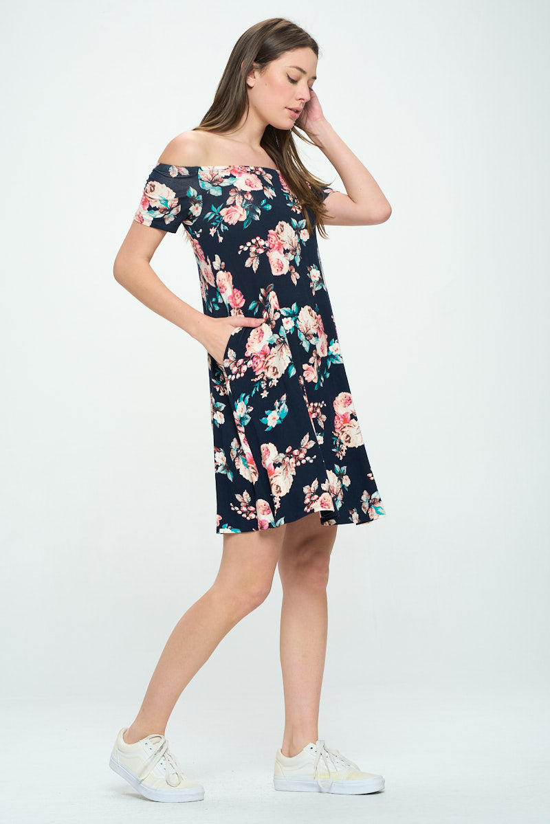 KNIT FLORAL OFF SHOULDER DRESS WITH POCKETS 130 Cole Colletta