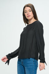 LONG SLEEVE LEOPARD JACQUARD PRINT BLOUSE WITH TIE SLEEVE DETAIL
