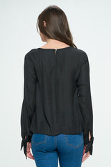 LONG SLEEVE LEOPARD JACQUARD PRINT BLOUSE WITH TIE SLEEVE DETAIL