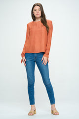 LONG SLEEVE LEOPARD JACQUARD PRINT BLOUSE WITH TIE SLEEVE DETAIL