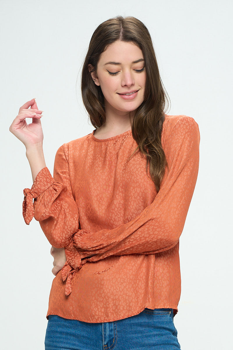 LONG SLEEVE LEOPARD JACQUARD PRINT BLOUSE WITH TIE SLEEVE DETAIL