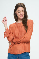LONG SLEEVE LEOPARD JACQUARD PRINT BLOUSE WITH TIE SLEEVE DETAIL