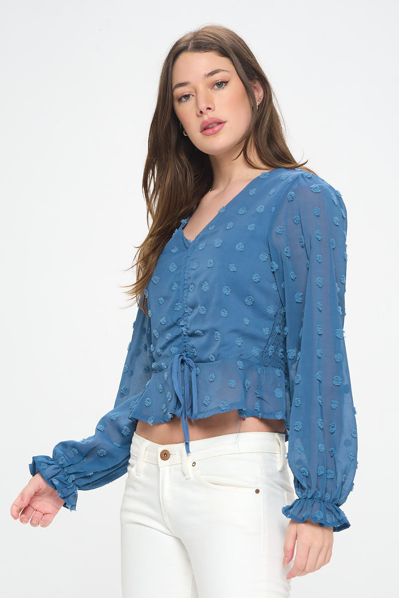 V-NECK CINCHED TEXTURED DOT BLOUSE