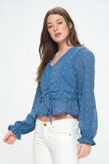 V-NECK CINCHED TEXTURED DOT BLOUSE