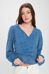 V-NECK CINCHED TEXTURED DOT BLOUSE