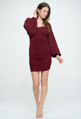 KNIT LANTERN SLEEVE LONG SLEEVE RUCHED DRESS