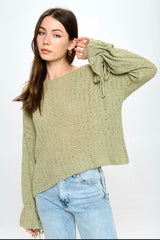 OPEN WEAVE TIE SLEEVE CROCHET SWEATER