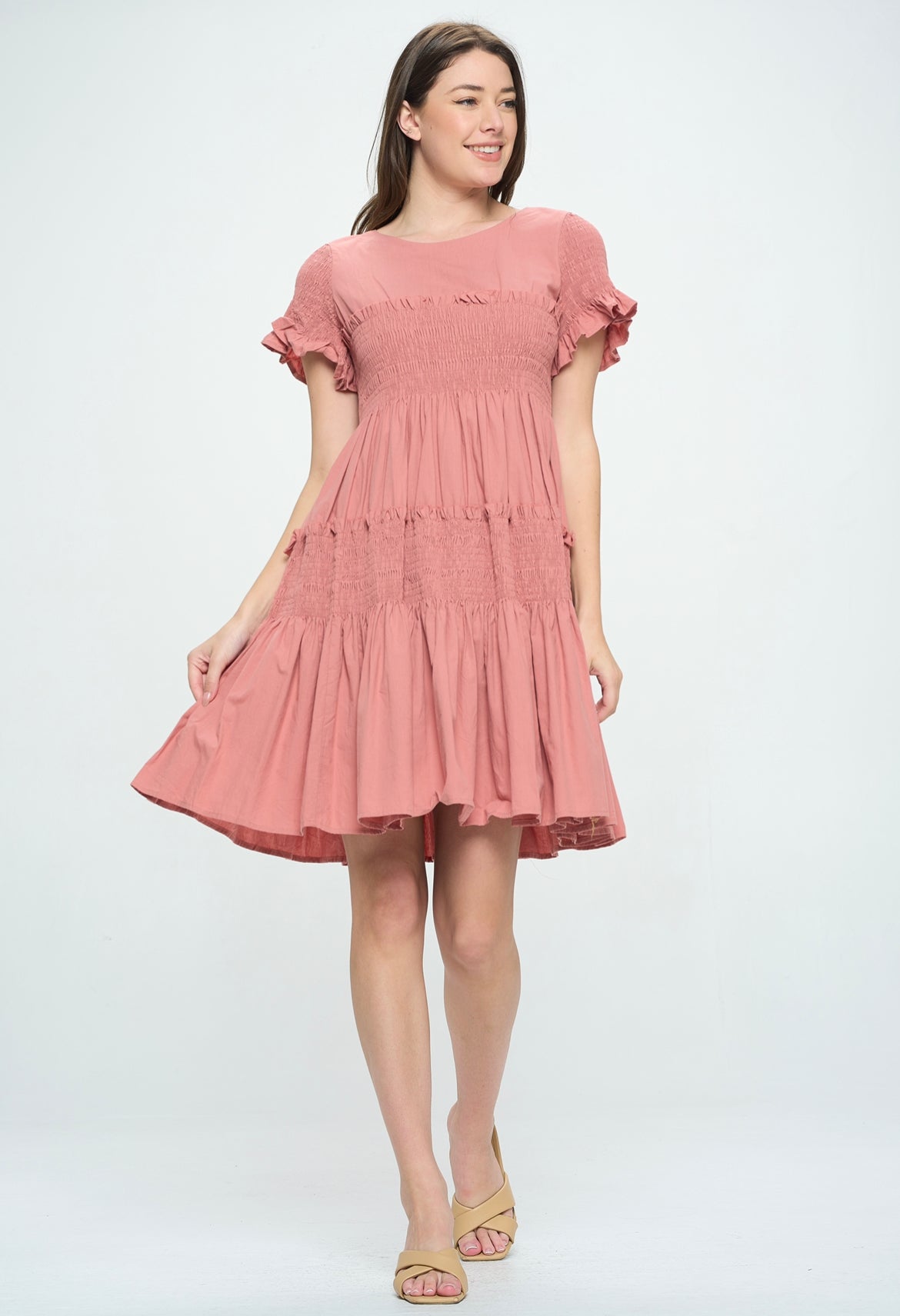 SHORT SLEEVE COTTON POPLIN TIERED DRESS WITH TIE BACK – 130 Cole