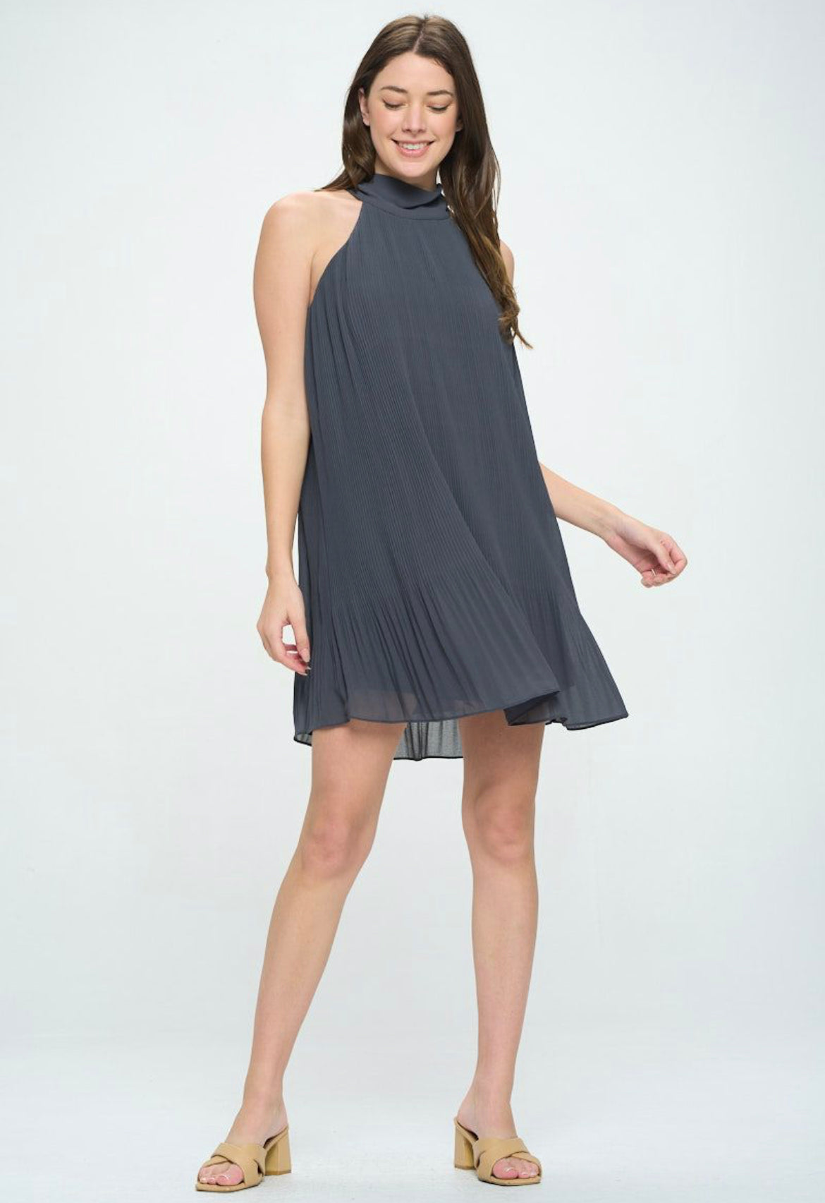 SLEEVELESS HIGH NECK PLEATED SWING DRESS SLEEVELESS HIGH NECK PLEATED SWING DRESS