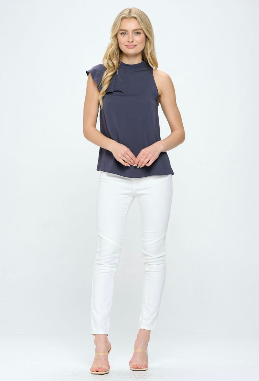 ONE SHOULDER CAP SLEEVE RUFFLE BLOUSE