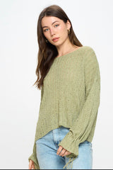 OPEN WEAVE TIE SLEEVE CROCHET SWEATER