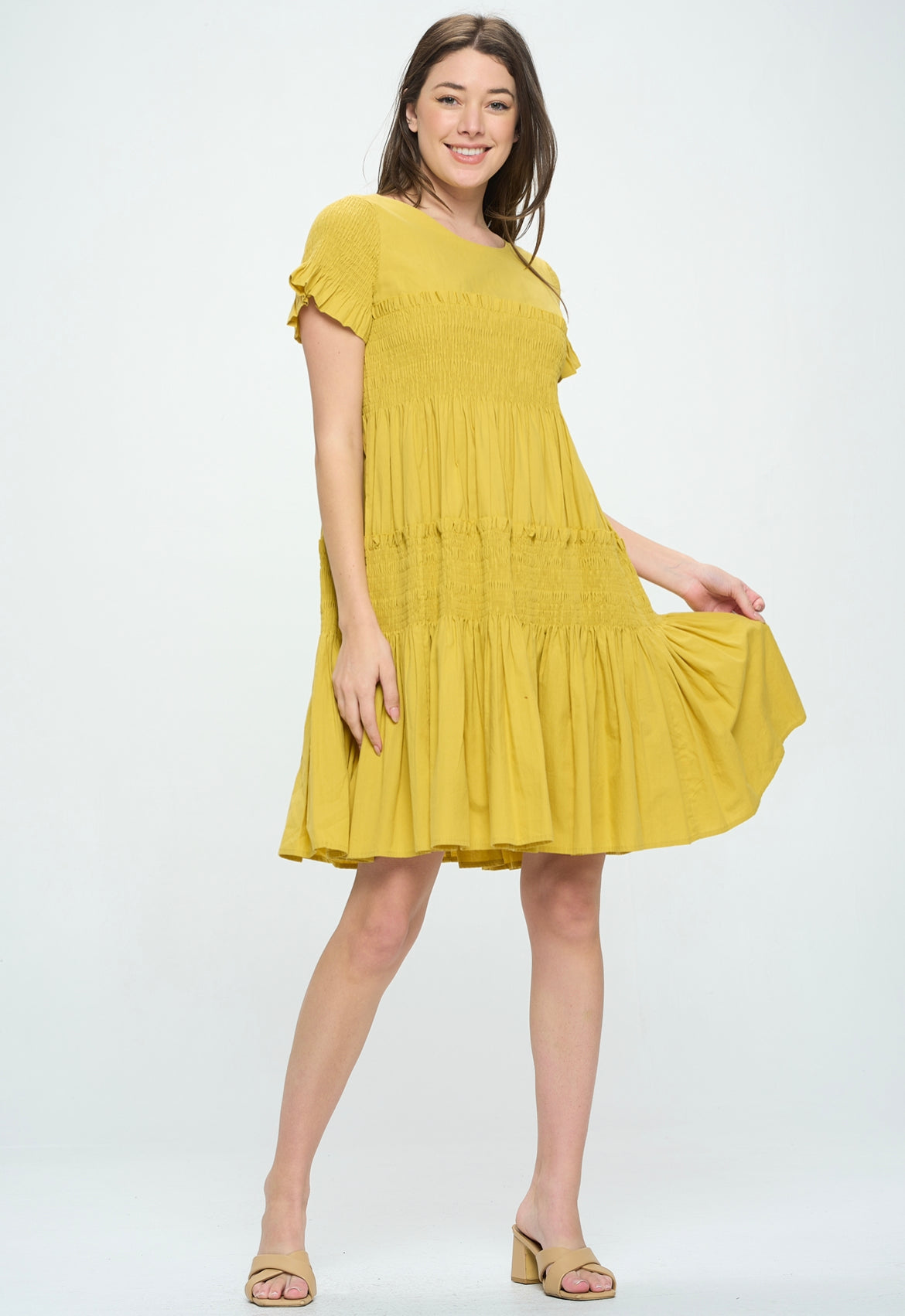 SHORT SLEEVE COTTON POPLIN TIERED DRESS WITH TIE BACK SHORT SLEEVE COTTON POPLIN TIERED DRESS WITH TIE BACK
