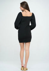 KNIT LANTERN SLEEVE LONG SLEEVE RUCHED DRESS