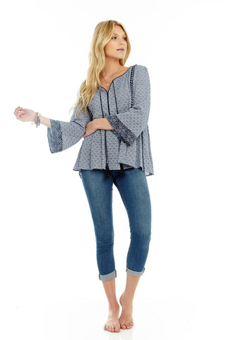 TASSEL LONG SLEEVE PRINTED TOP